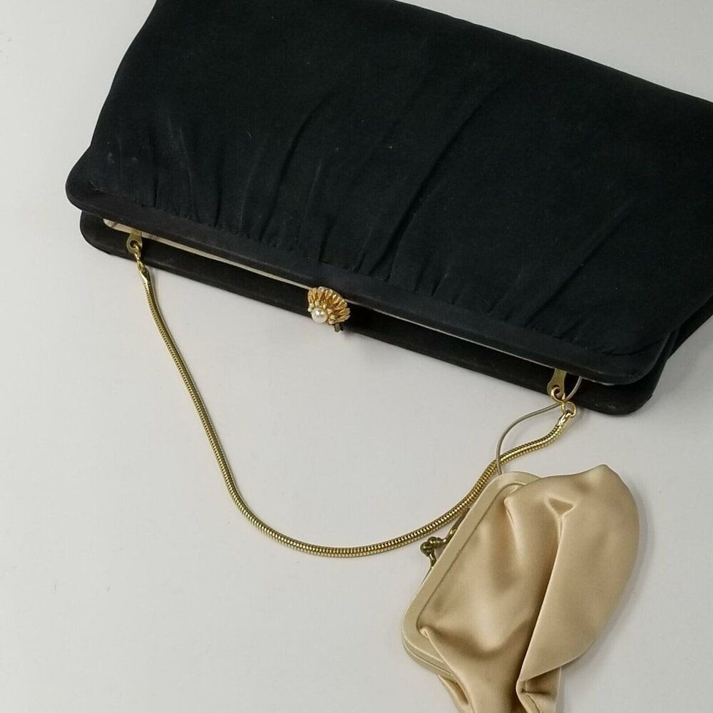 Vintage 60s Purse Black Clutch Kiss Lock Gold Pearl Rhinestone Coin Purse